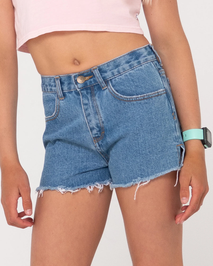 Rusty Penny Kick Flare Denim Short Girls - Sea Blue